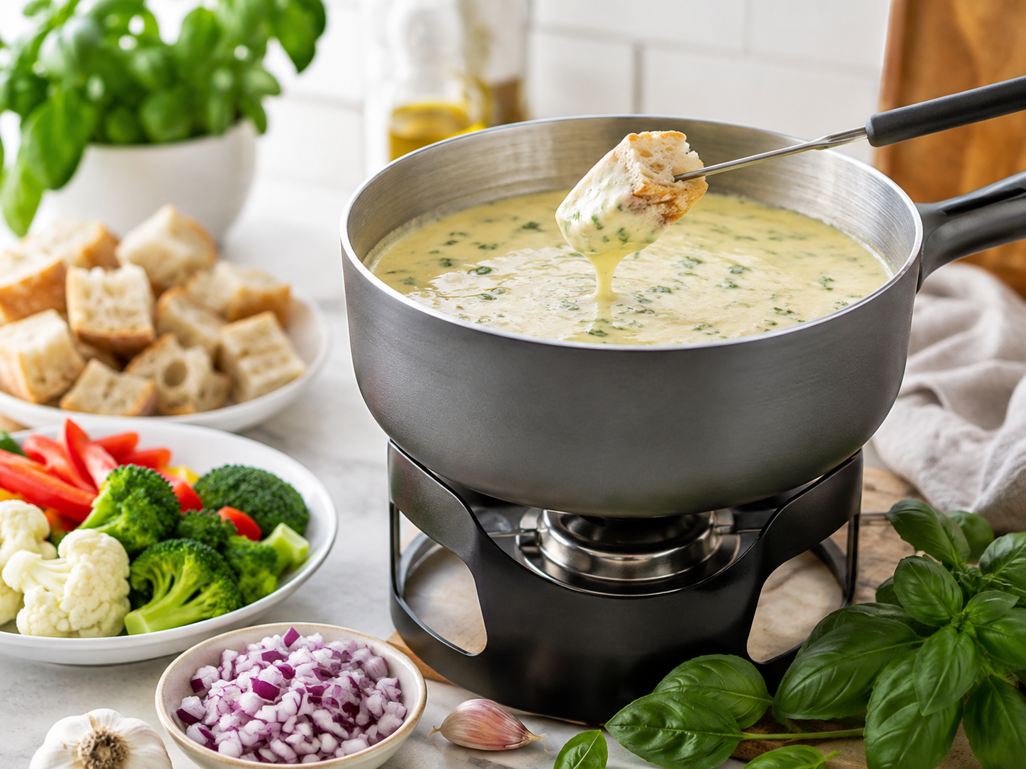 Basil Cheese Fondue with fresh basil