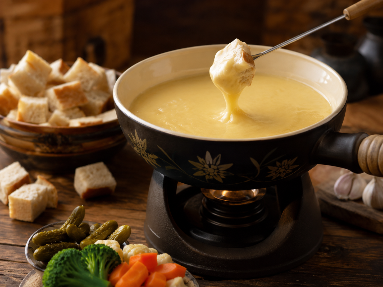 Gramps' Classic Swiss Cheese Fondue in a traditional fondue pot