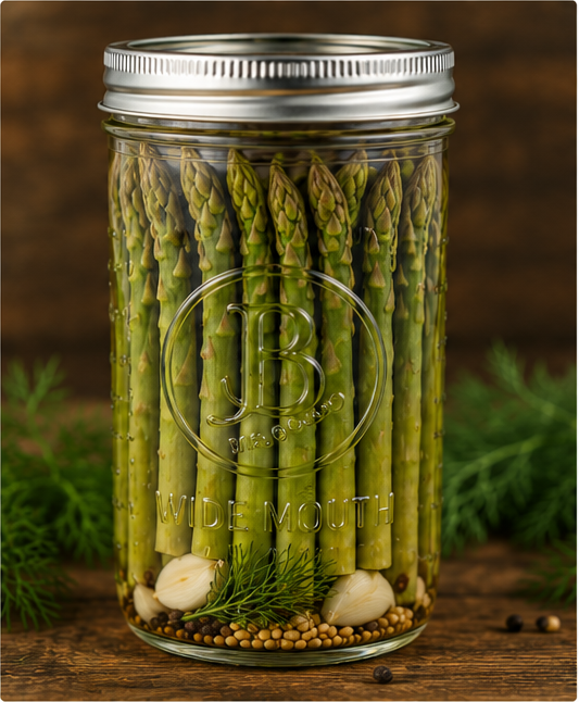 Dill Asparagus packed tips-up in a 22 oz wide-mouth jar