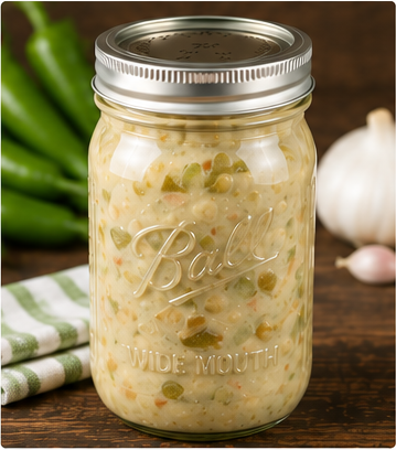 Garcia Green Chili with pork and chopped roasted green chiles in a pale flour-thickened gravy