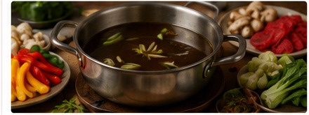 Ginger-Scallion Beef Broth Fondue with bell pepper and vegetables