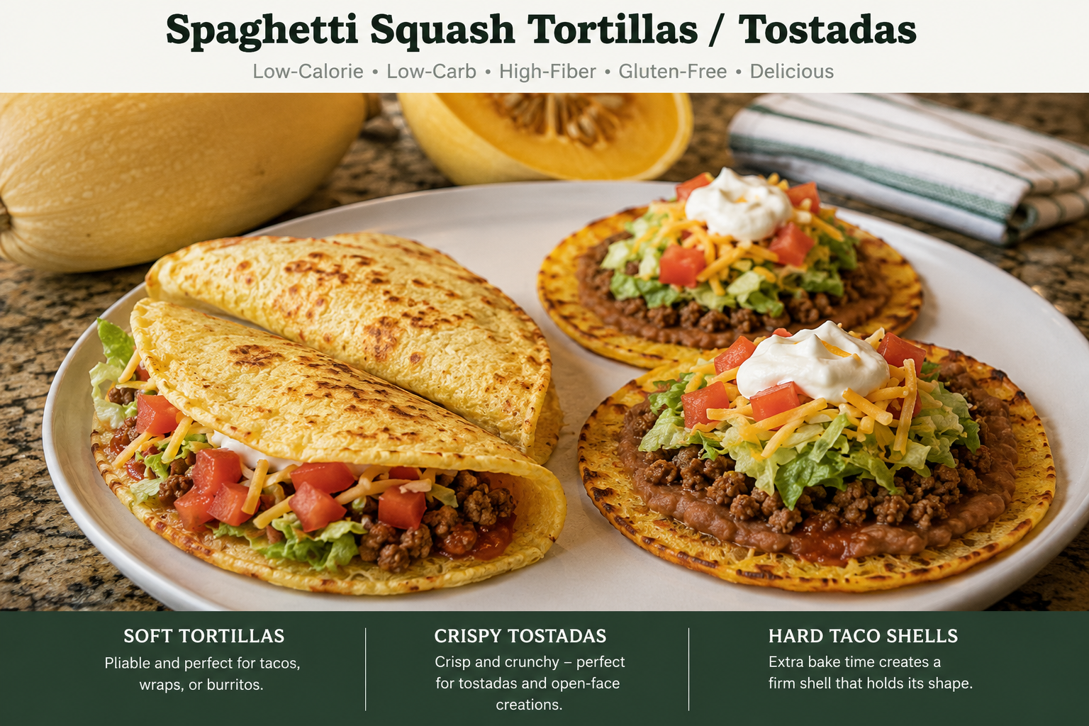 Spaghetti squash tortillas and tostadas served as tacos and open-faced tostadas